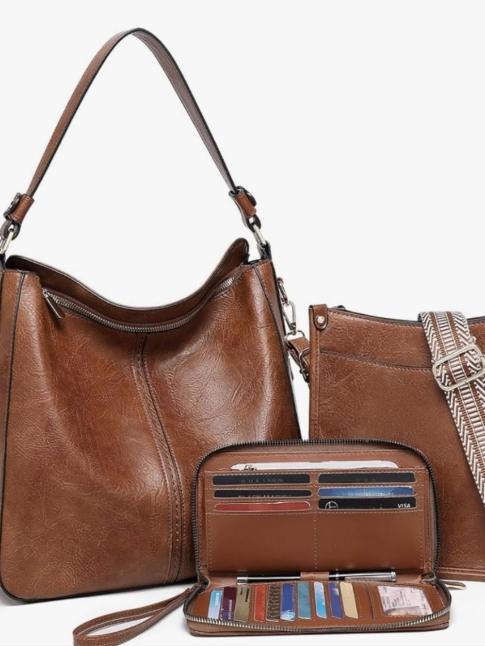 Brown Women's Hobo & Crossbody Bag Set with Wallet